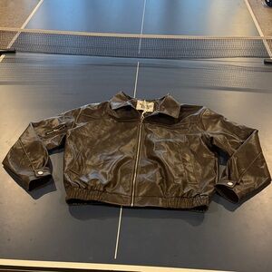 Women's Faux Leather Cropped Bomber Jacket - Black